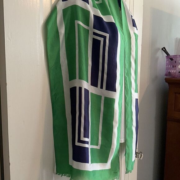 Vintage mid century Raffaello green, white & navy blue acetate long scarf - Picture 4 of 9